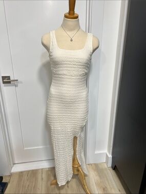 Sleeveless Cream Textured Maxi Dress with Side Slit